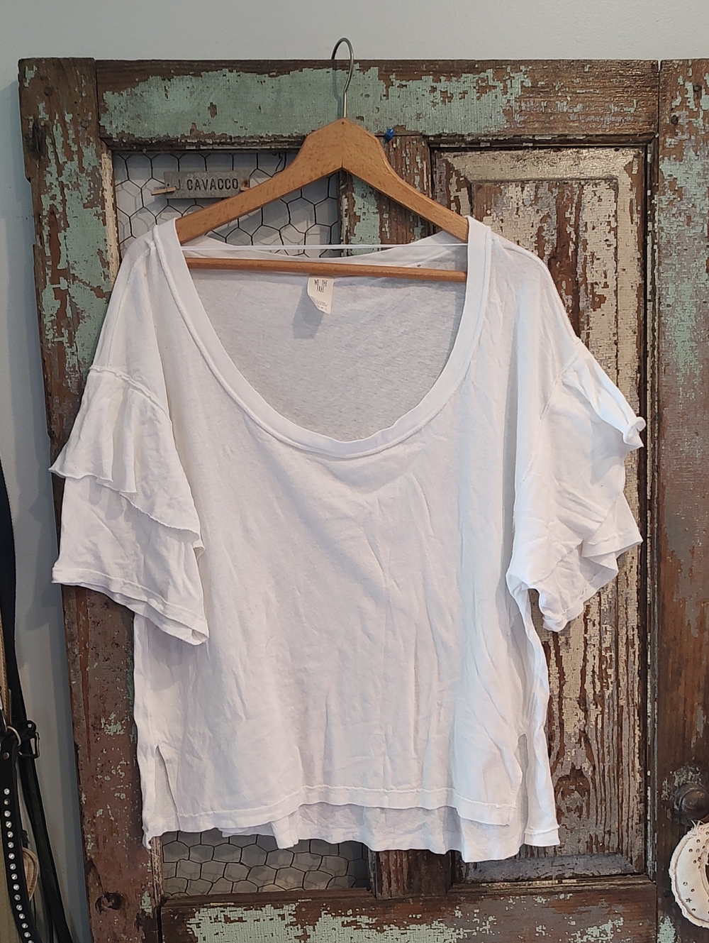 We The Free White Ruffle Sleeve Scoop Neck Tee